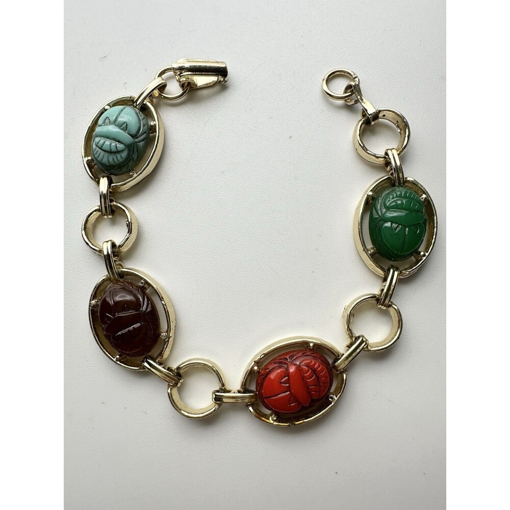 Vintage Multicolor Scarab Plastic Link Gold tone Bracelet 7”
